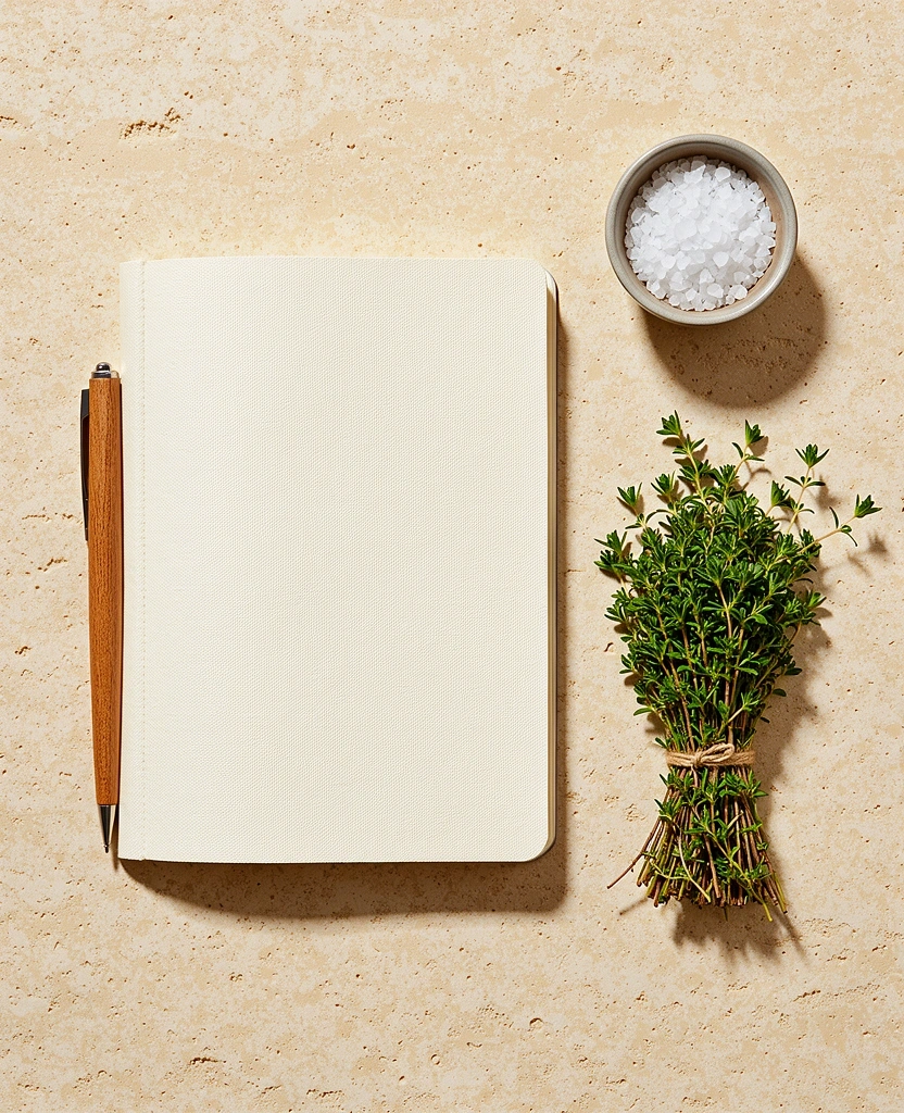 Carnet de notes culinaires sur un plan de travail en pierre
